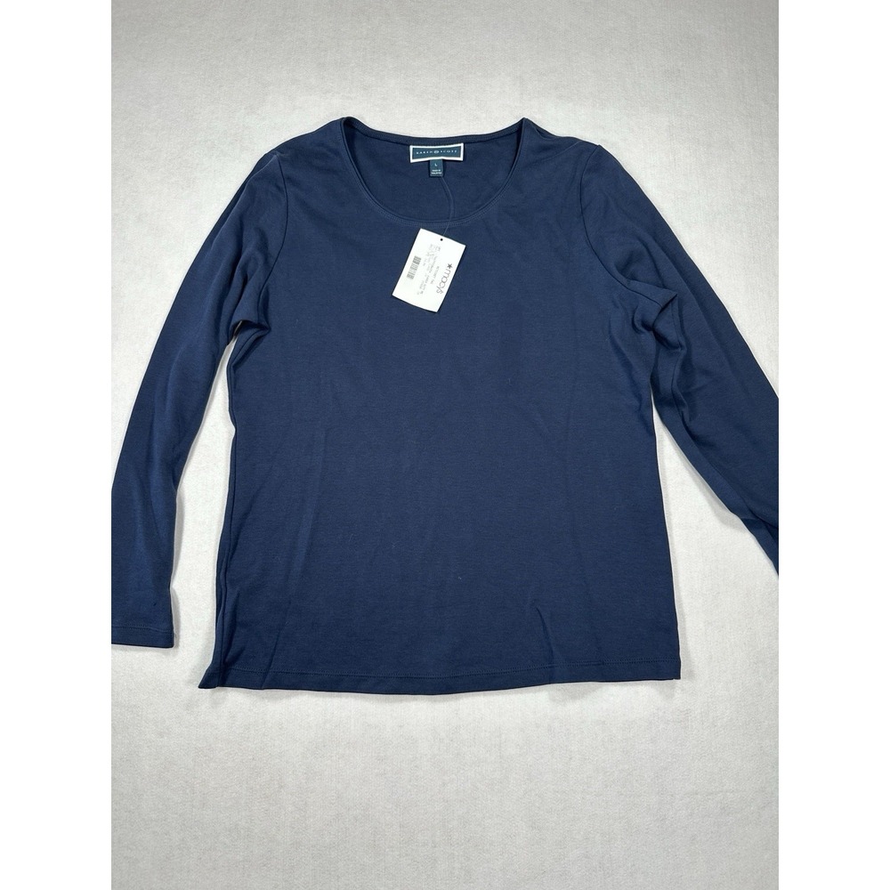 Karen Scott Womens Plus Size L Solid Navy Blue Long Sleeve Top -100% Cotton -NWT